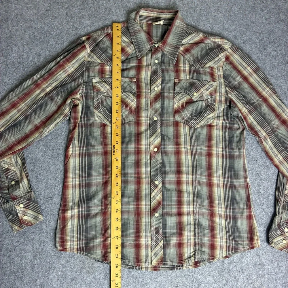 True Religion Mens Plaid Western Pearl Snap Shirt Red Tan Horseshoe Pocket XXL